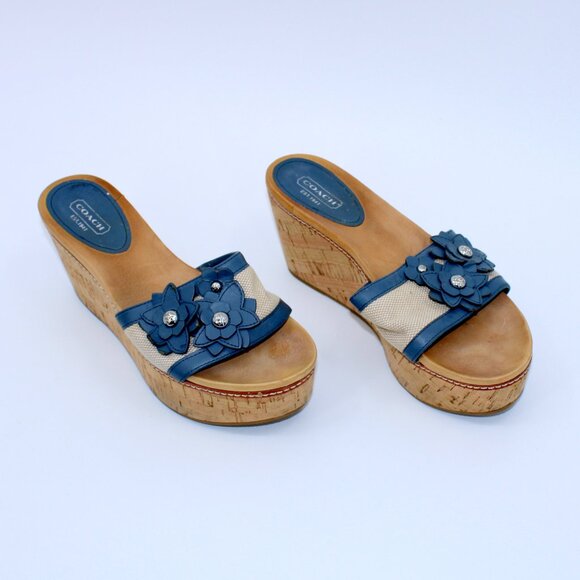 Coach Jesaca Taupe/Navy Floral Slip On Platform Wedge 7B - Picture 3 of 8